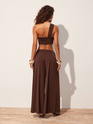 Asymmetrical Neck Ruched Top & High Rise Wide Leg Trousers Set