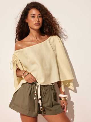 Linen-blend Linen-blend Asymmetrical Neck Drawstring Cloak Sleeve Oversized Blouse For Daily Casual Vacation