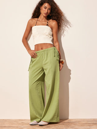 Cotton-blend Mid Rise Drawstring Wide Leg Trousers