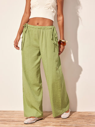 Cotton-blend Mid Rise Drawstring Wide Leg Trousers