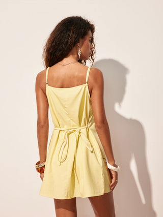 Linen-blend Floral Graphic Bowknot Oversized A-line Mini Dress