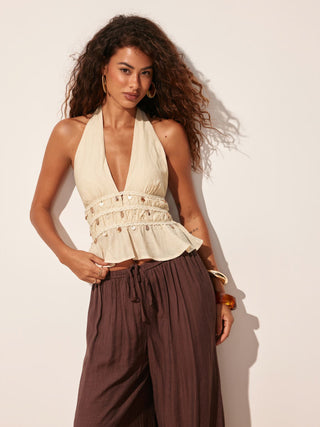 Textured Halter Shell Detail Shirred Ruffle Hem Top
