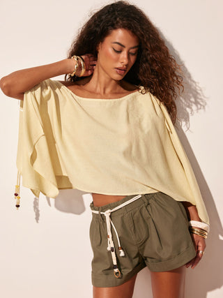 Linen-blend Linen-blend Asymmetrical Neck Drawstring Cloak Sleeve Oversized Blouse For Daily Casual Vacation