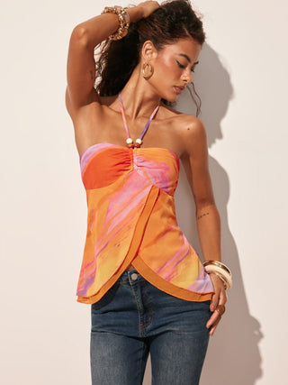 Chiffon Abstract Halter Neckline Ruched Beaded Blouse