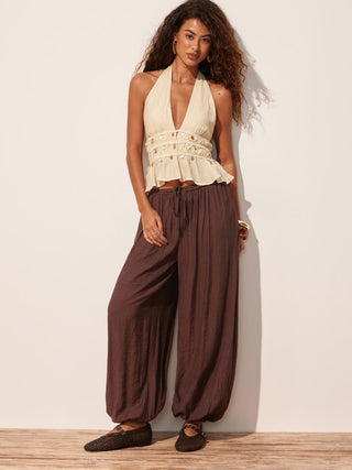 Textured Halter Shell Detail Shirred Ruffle Hem Top
