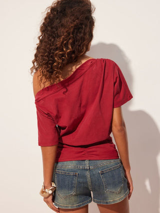 Cotton-blend Bird Graphic Asymmetrical Neck Ruched Tee