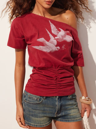 Cotton-blend Bird Graphic Asymmetrical Neck Ruched Tee