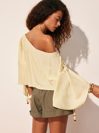 Linen-blend Linen-blend Asymmetrical Neck Drawstring Cloak Sleeve Oversized Blouse For Daily Casual Vacation