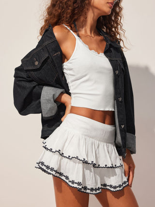 Cotton-blend Mid Rise Embroidery Tiered Ruffle Mini Skirt