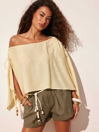 Linen-blend Linen-blend Asymmetrical Neck Drawstring Cloak Sleeve Oversized Blouse For Daily Casual Vacation