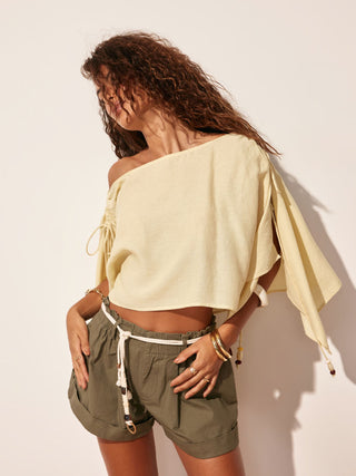 Linen-blend Linen-blend Asymmetrical Neck Drawstring Cloak Sleeve Oversized Blouse For Daily Casual Vacation