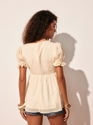 Chiffon V-neck Puff Sleeve Lace Panel Tie Front Peplum Blouse