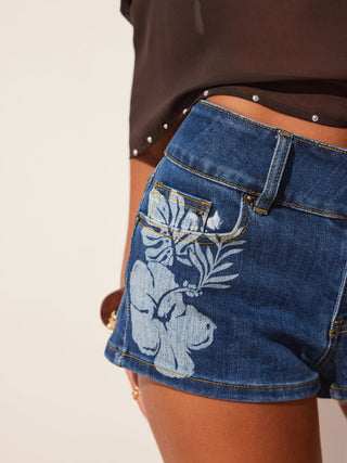 Washed Stretch Denim Low Rise Floral Graphic Metal Detail Micro Shorts
