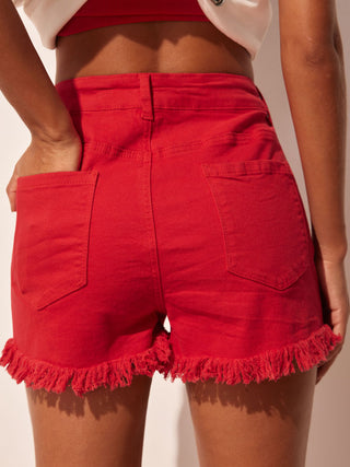 Washed Denim High Rise Fringe Hem Shorts