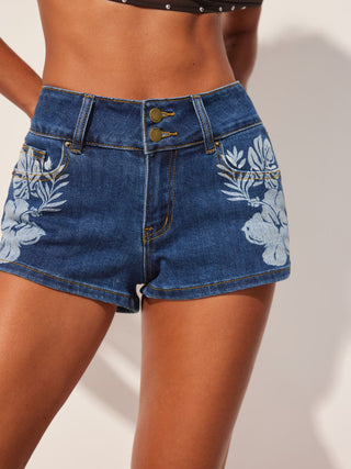 Washed Stretch Denim Low Rise Floral Graphic Metal Detail Micro Shorts