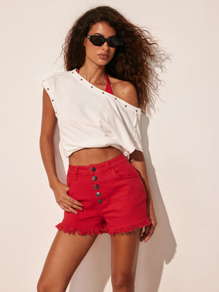 Washed Denim High Rise Fringe Hem Shorts