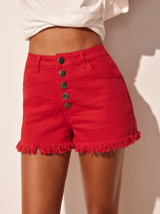 Washed Denim High Rise Fringe Hem Shorts