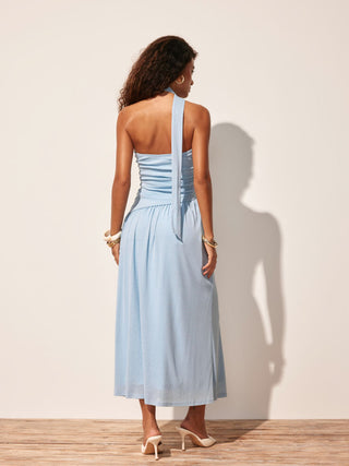Textured Halter Neckline Ruched Split A-line Maxi Dress With Scarf
