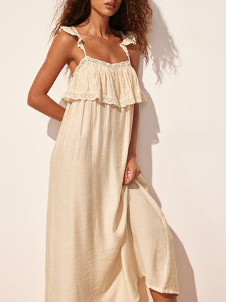 Textured Square Neck Lace Trim Ruffle Maxi Nightdress