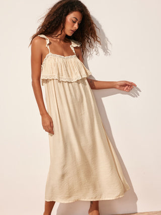 Textured Square Neck Lace Trim Ruffle Maxi Nightdress