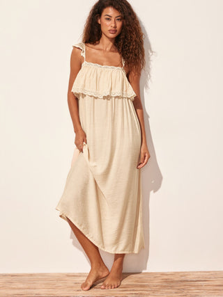 Textured Square Neck Lace Trim Ruffle Maxi Nightdress
