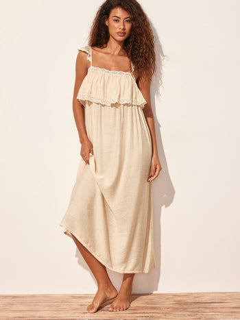 Textured Square Neck Lace Trim Ruffle Maxi Nightdress