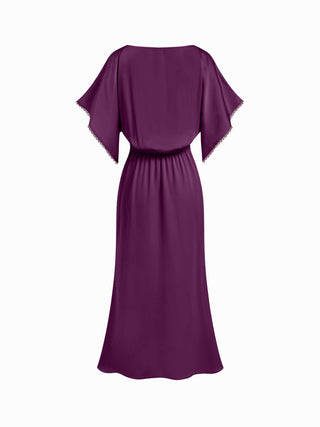 Satin Boat Neck Batwing Sleeve Lace Trim Maxi Dress