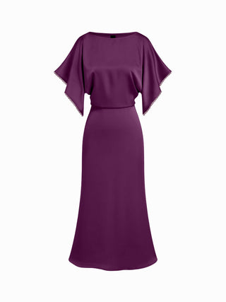 Satin Boat Neck Batwing Sleeve Lace Trim Maxi Dress