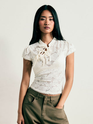 Lace Floral Stand Collar Bowknot Short Sleeve Top