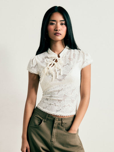 Lace Floral Stand Collar Bowknot Short Sleeve Top