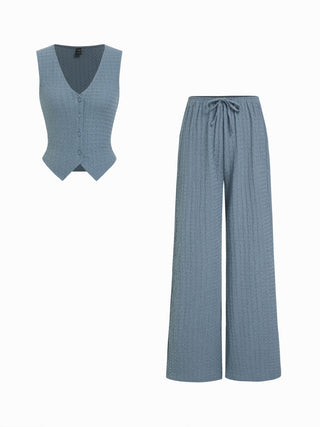 Textured V-neck Vest & Mid Rise Drawstring Wide Leg Trousers Set
