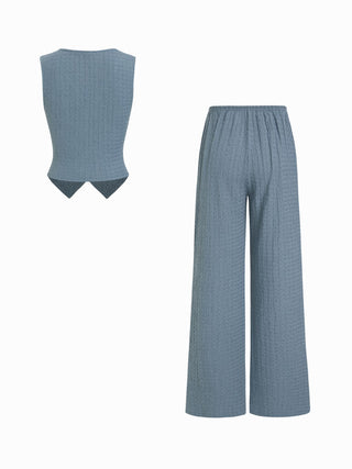 Textured V-neck Vest & Mid Rise Drawstring Wide Leg Trousers Set