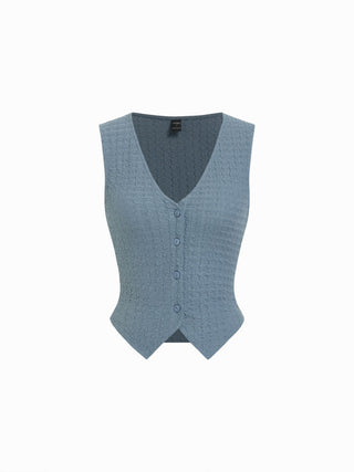 Textured V-neck Vest & Mid Rise Drawstring Wide Leg Trousers Set