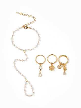 RHINESTONE FLOWER HAND CHAIN BRACELET & RING SET