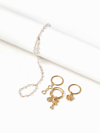 RHINESTONE FLOWER HAND CHAIN BRACELET & RING SET