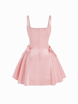 Satin Sculptural Square Neck Bowknot Flared Mini Dress
