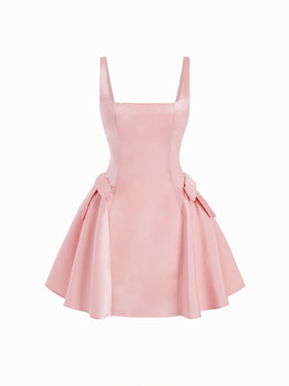 Satin Sculptural Square Neck Bowknot Flared Mini Dress