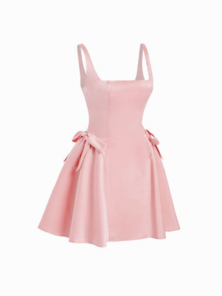 Satin Sculptural Square Neck Bowknot Flared Mini Dress