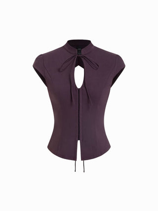 Stand Collar Short Sleeve Tie Front Cut Out Backless Slim Blouse
