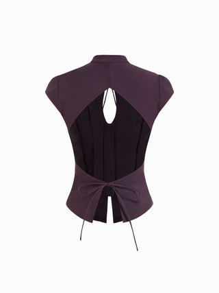 Stand Collar Short Sleeve Tie Front Cut Out Backless Slim Blouse
