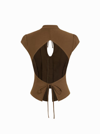 Stand Collar Short Sleeve Tie Front Cut Out Backless Slim Blouse