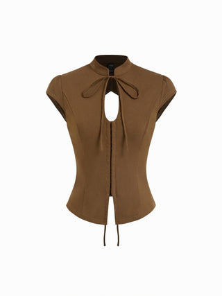 Stand Collar Short Sleeve Tie Front Cut Out Backless Slim Blouse