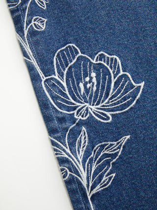 Denim Floral Embroidery Low Rise Straight Leg Jeans