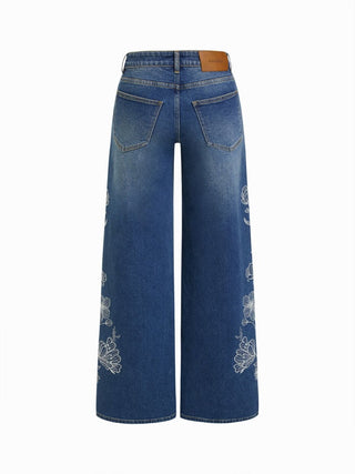 Denim Floral Embroidery Low Rise Straight Leg Jeans