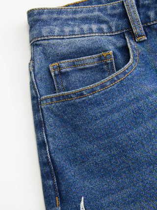 Denim Floral Embroidery Low Rise Straight Leg Jeans
