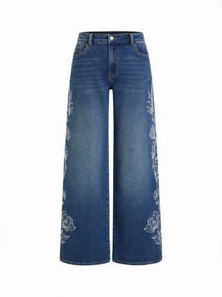 Denim Floral Embroidery Low Rise Straight Leg Jeans