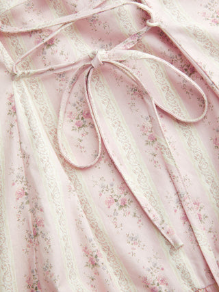 Cotton Floral Square Neck Lace Up Ruffle Hem A-line Mini Dress