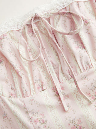 Cotton Floral Square Neck Lace Up Ruffle Hem A-line Mini Dress