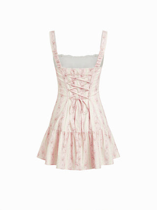 Cotton Floral Square Neck Lace Up Ruffle Hem A-line Mini Dress