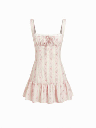Cotton Floral Square Neck Lace Up Ruffle Hem A-line Mini Dress